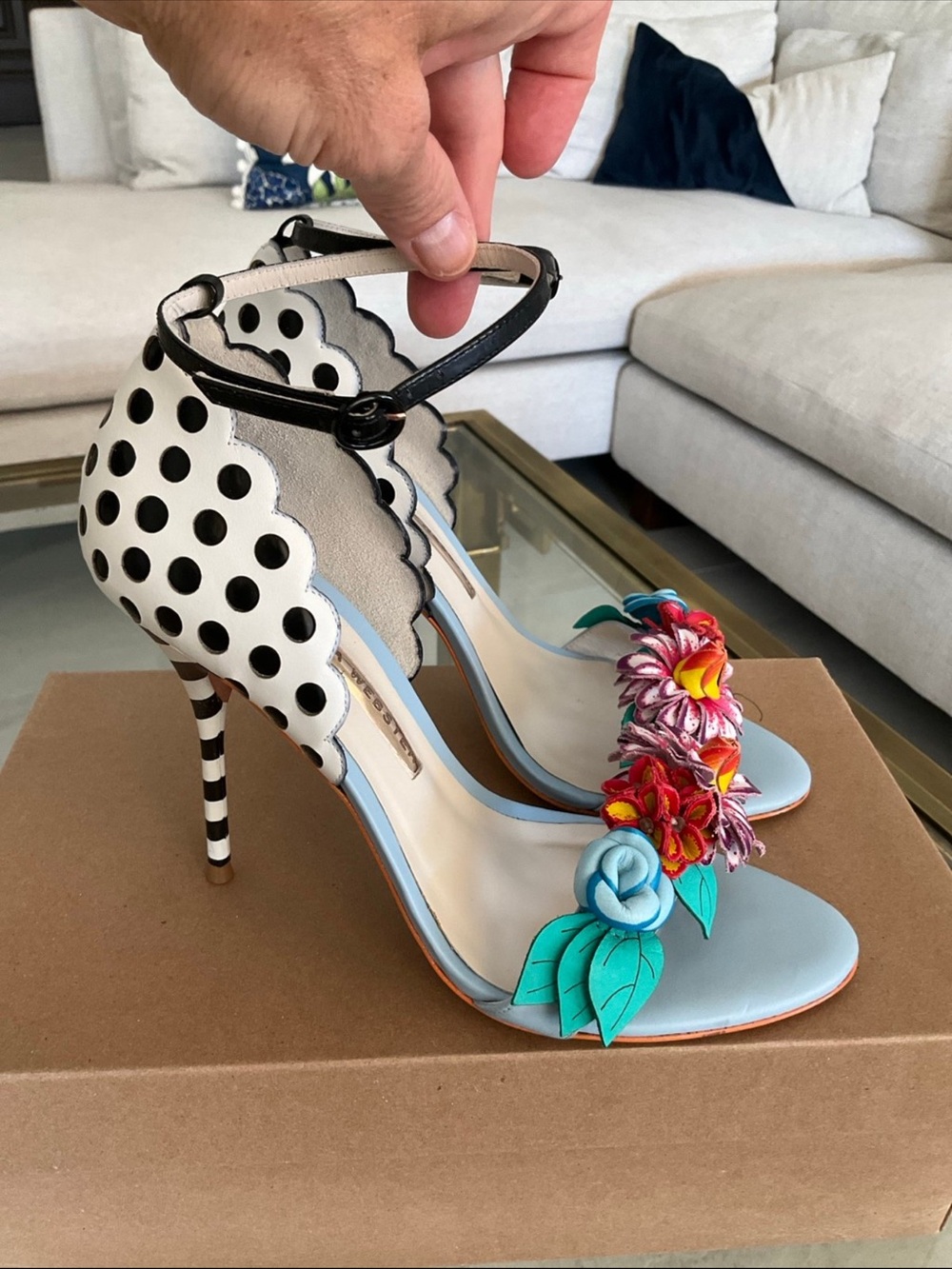 Sophia Webster Polka-dot Lilico blue, black white floral ankle strap Heels, 39 - Picture 5 of 12